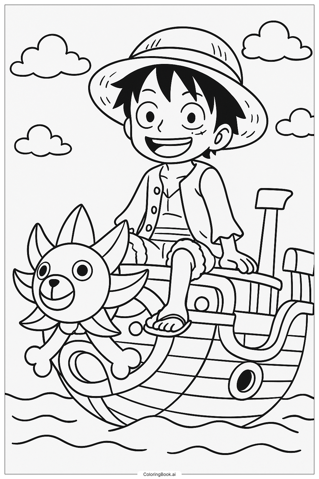 千のサニー号に座るルフィの塗り絵ページ 