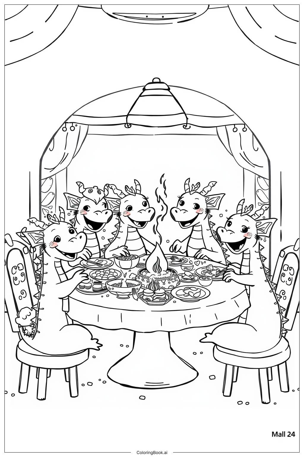  Dragon Family Dinner Coloring Page 