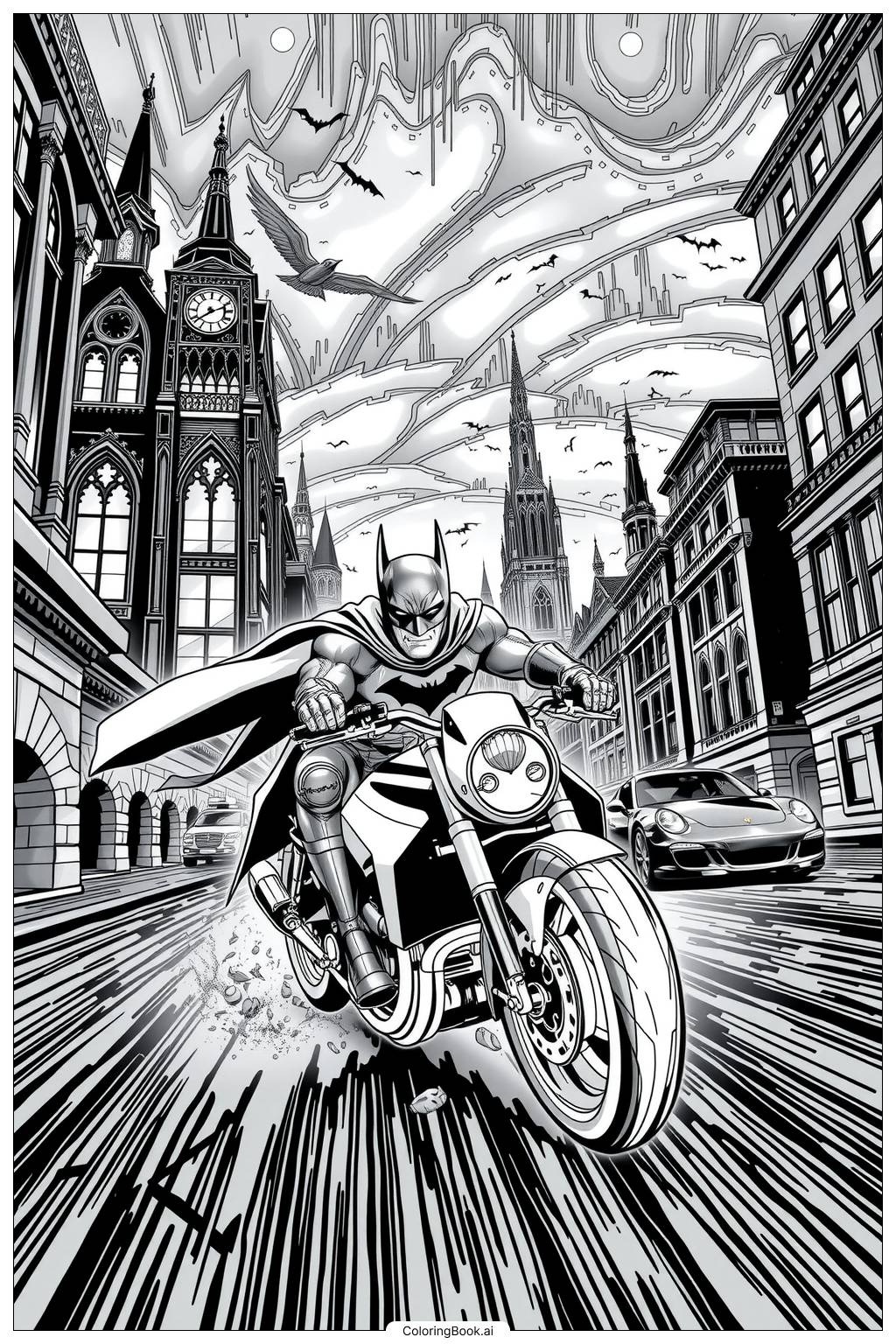  Página para colorear de Persecución en Moto en la Oscura Ciudad de Batman 