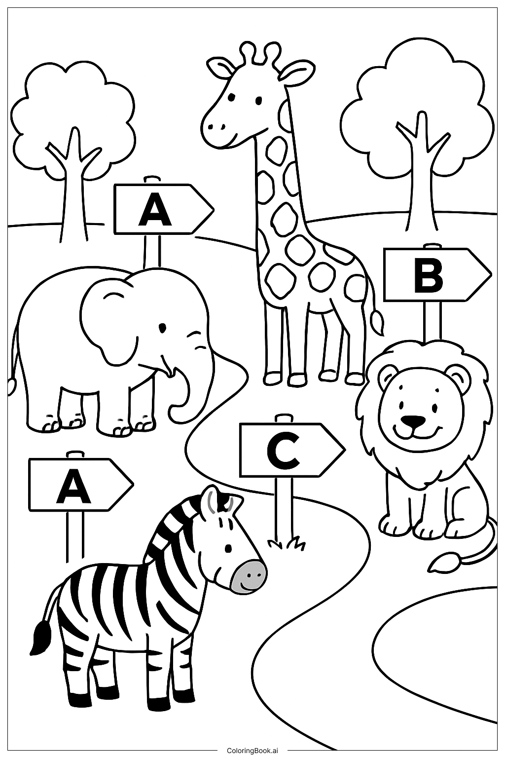 Página para colorear de Visita al Zoológico ABC