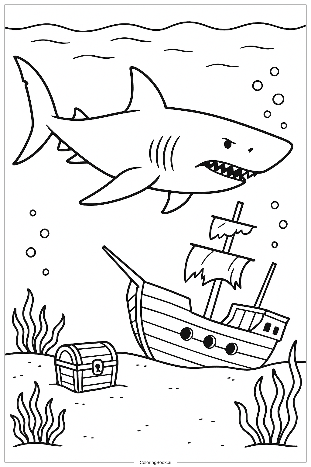  Megalodon und ein versunkenes Piratenschiff Ausmalseite 