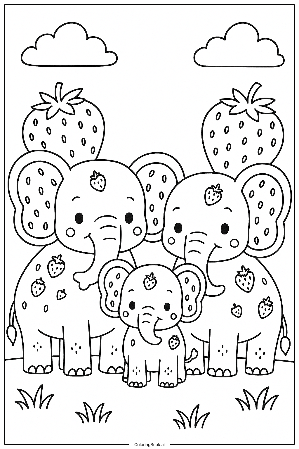  草莓大象家庭合影填色页 