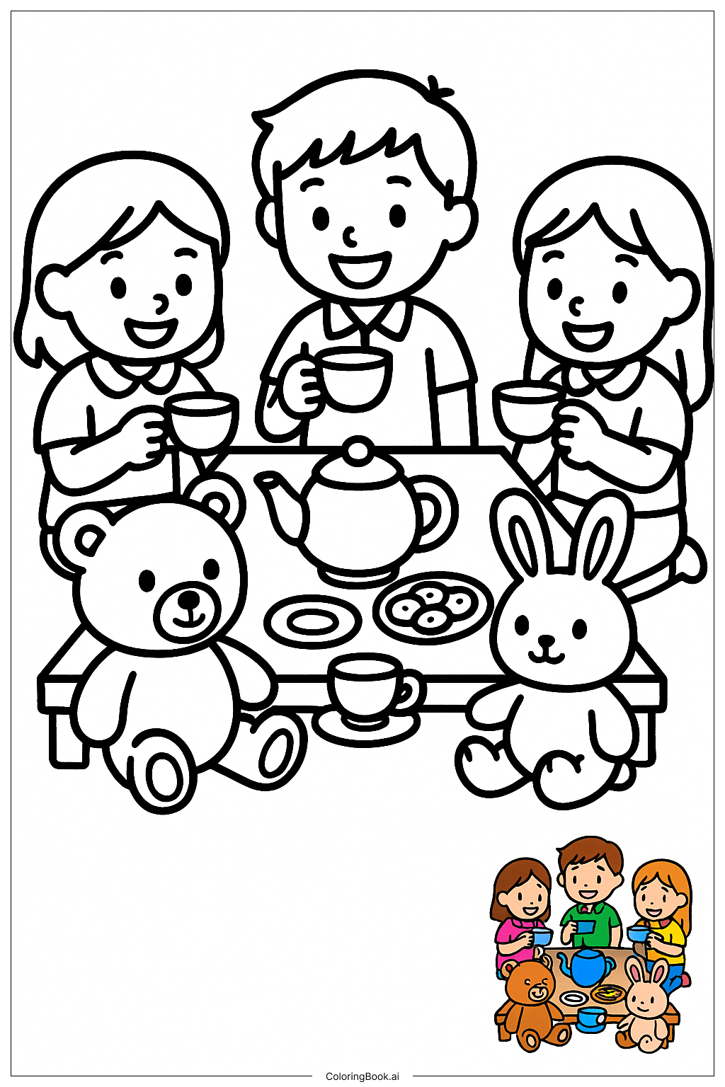  Friends Having Tea Party With Stuffed Animals 색칠공부 페이지 