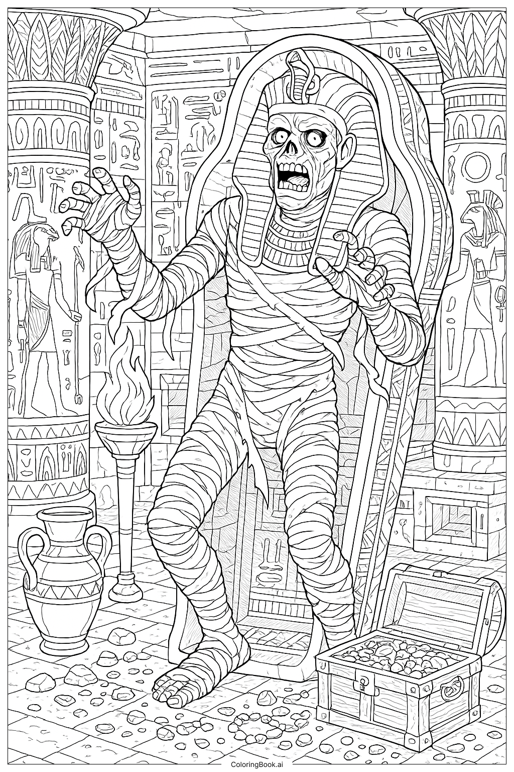  Mummy's Awakening In A Detailed Tomb Coloring Page 
