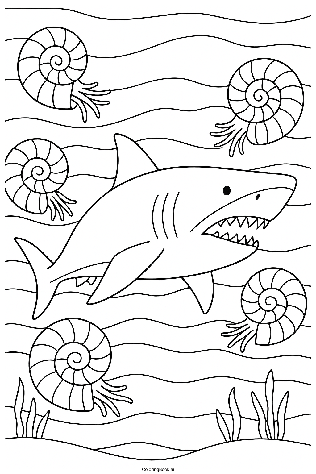  Megalodon umgeben von Ammoniten Ausmalseite 