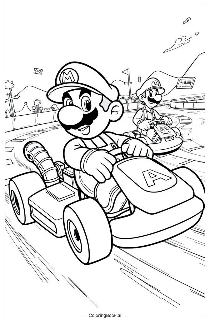  Mario and Friends Racing in Mario Kart Wii Coloring Page 