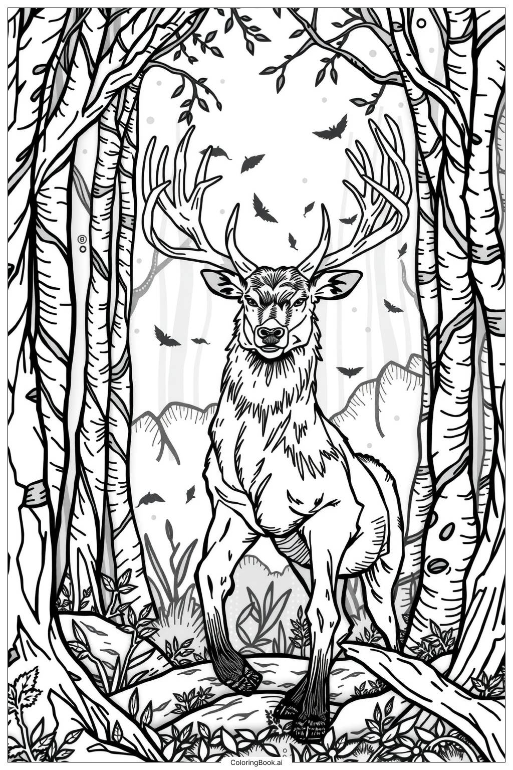  Page de coloriage Chasse au Cerf de la Forêt 