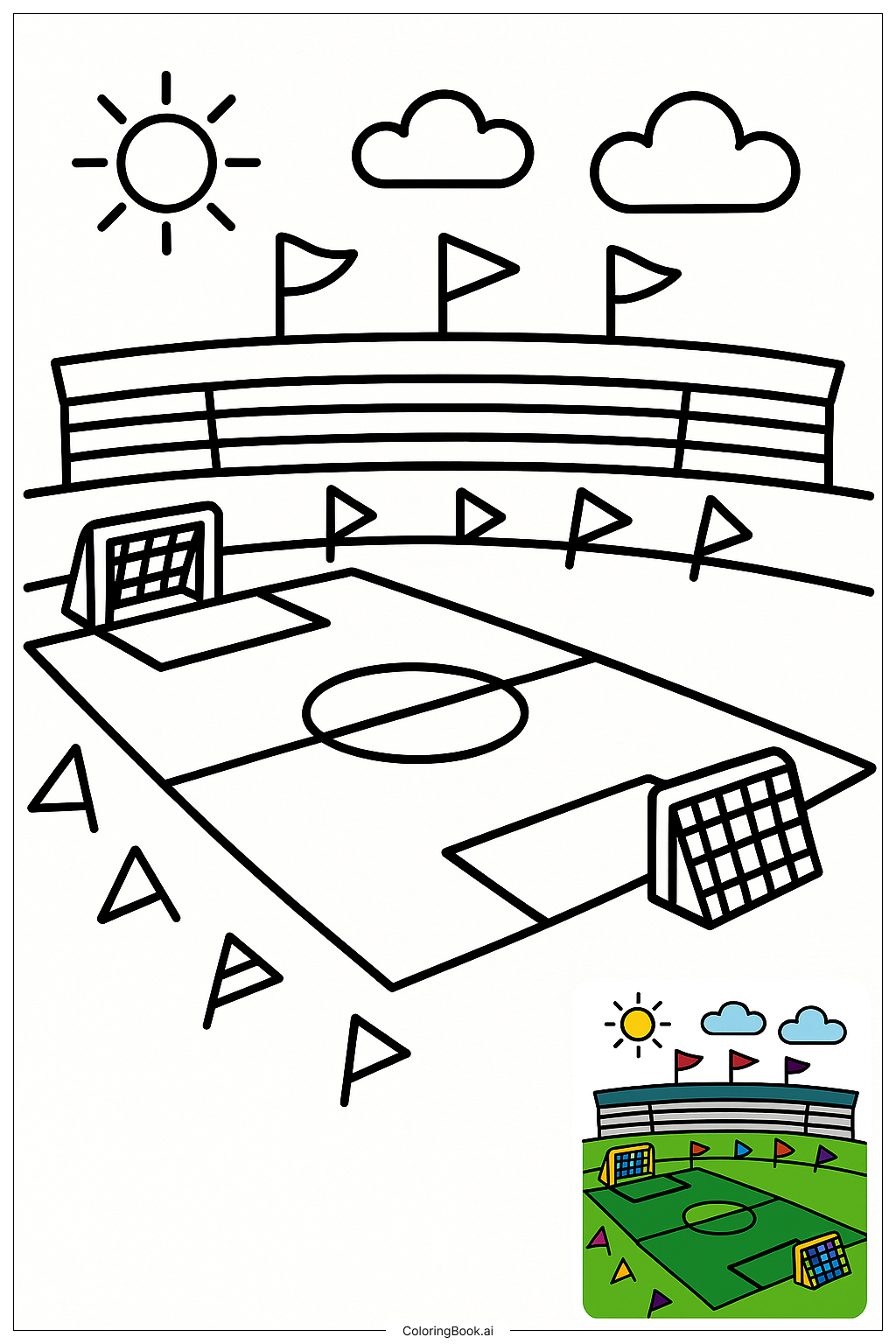  Page de coloriage Stade de football avec des drapeaux 