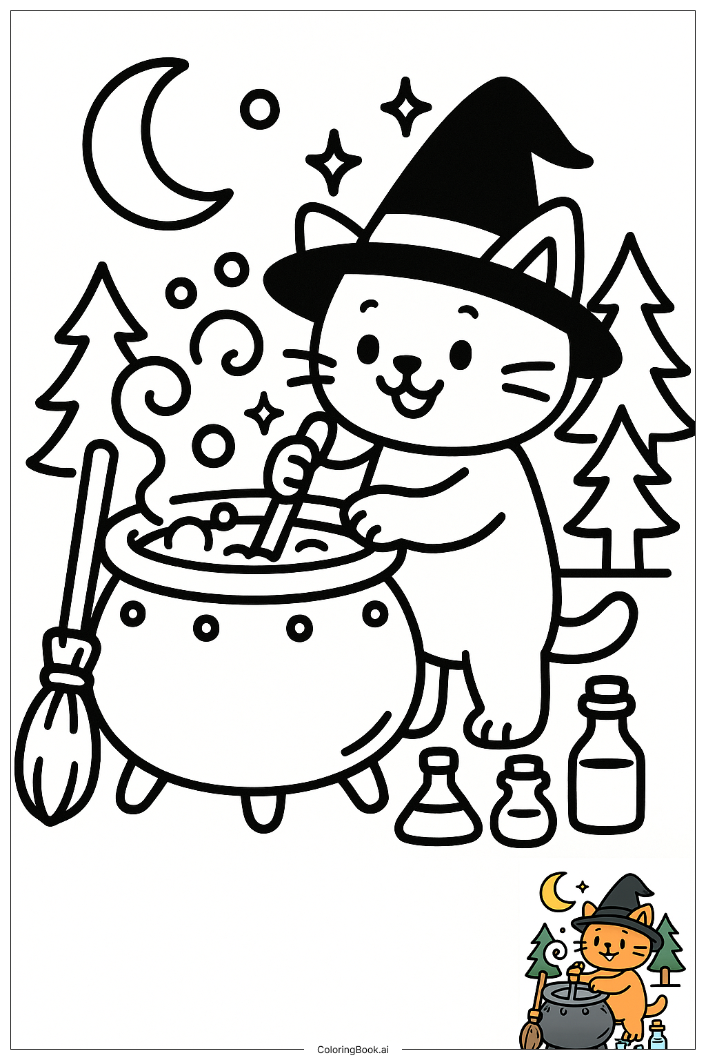 마녀 고양이가 마법 가마솥을 저어주고 있어요 색칠공부 페이지 