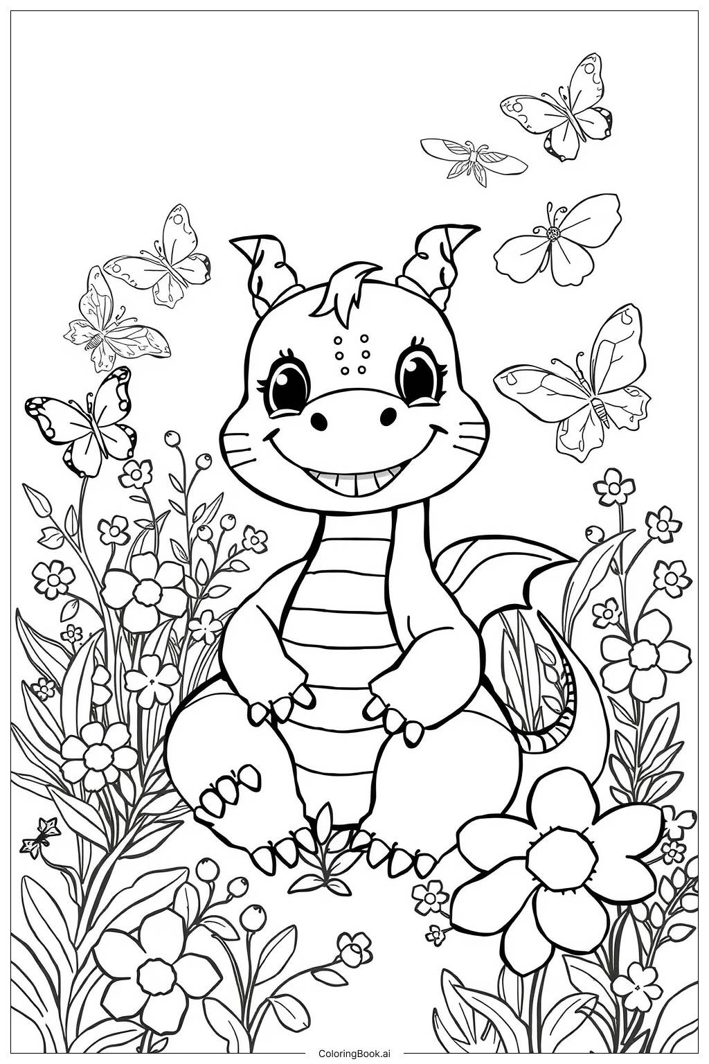  Page de coloriage Souriant Dragon Kawaii 