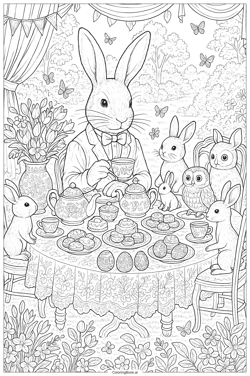 Easter Bunny At A Tea Party With Friends Coloring Page