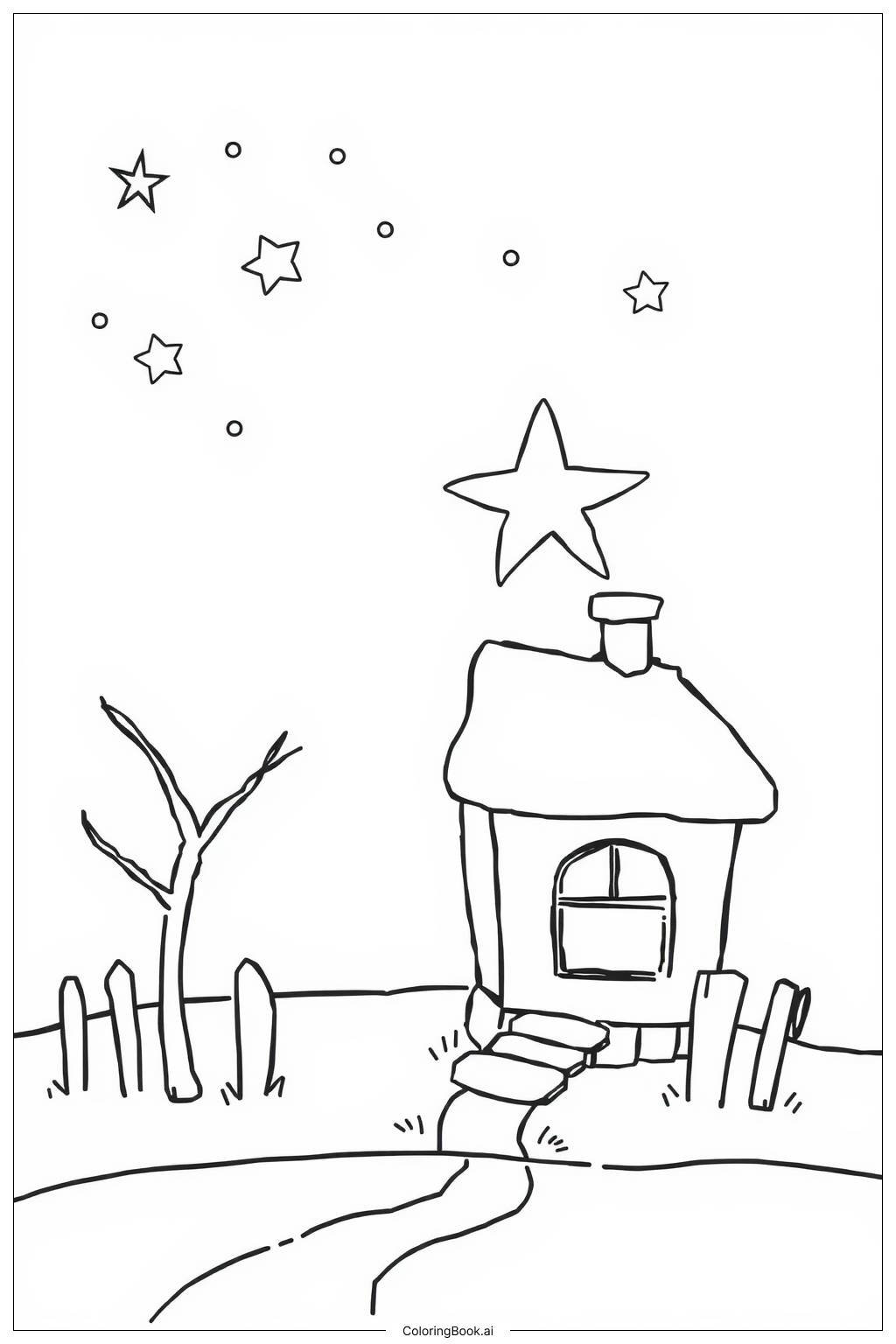  Página para colorear de Estrella de Navidad sobre una Casa Acogedora 