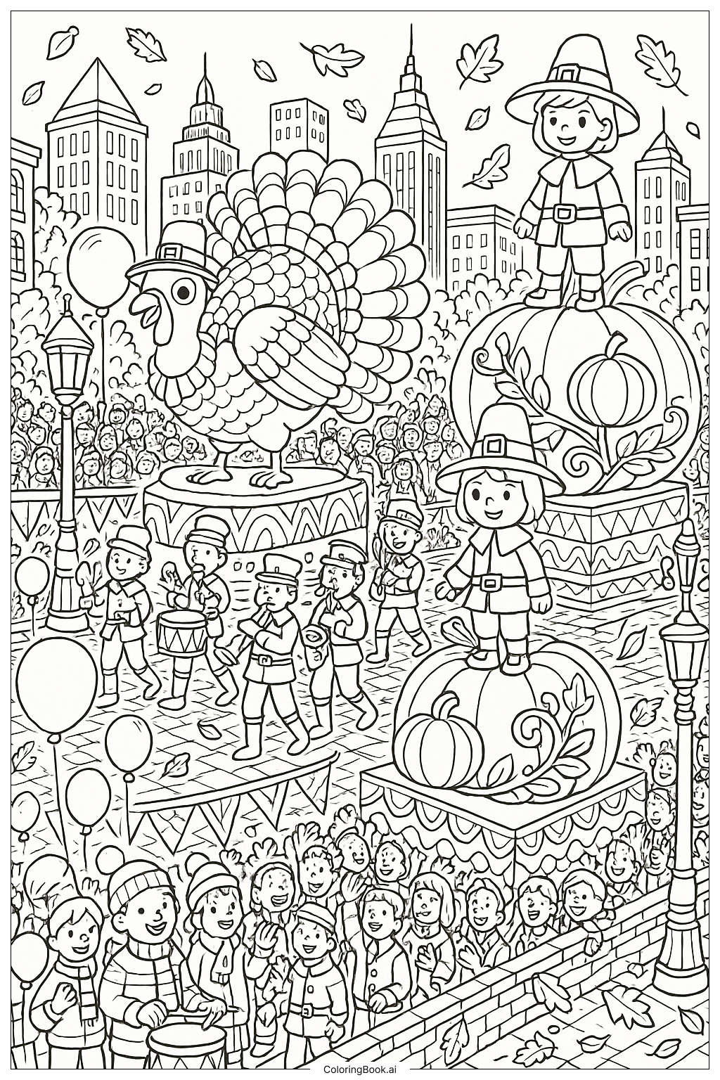  Página para colorear de Elaborado Desfile del Día de Acción de Gracias 