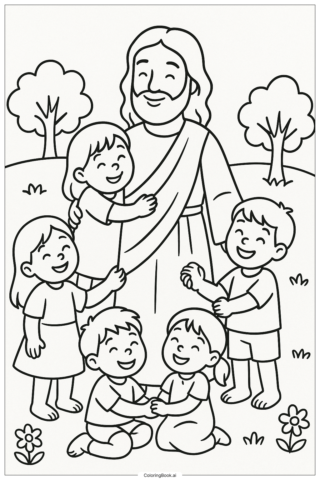  Página para colorear de Jesús rodeado de niños amorosos 