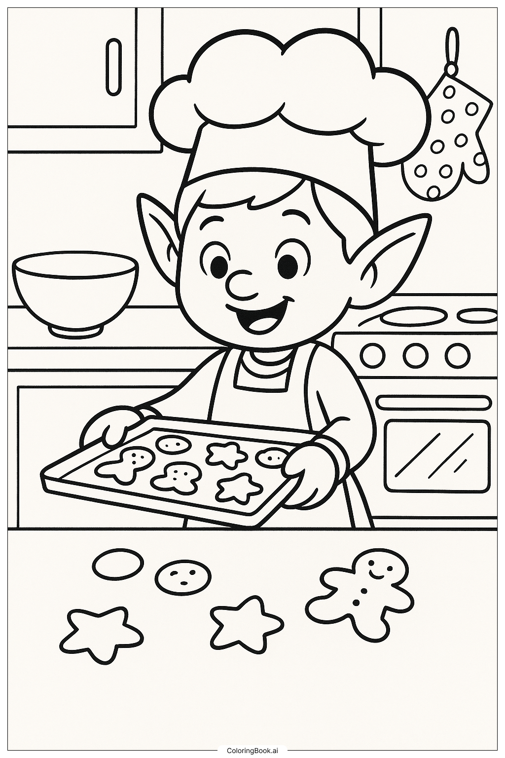  Página para colorir de Um Elfo Chef Assando Biscoitos 