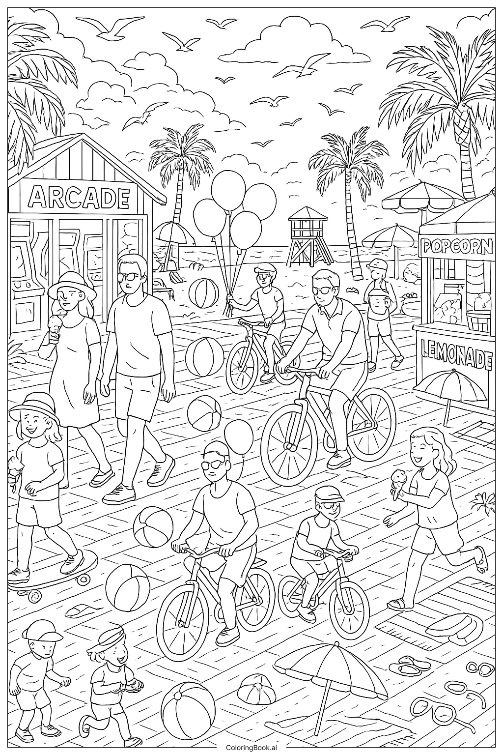  A Bustling Summer Boardwalk Scene Coloring Page 