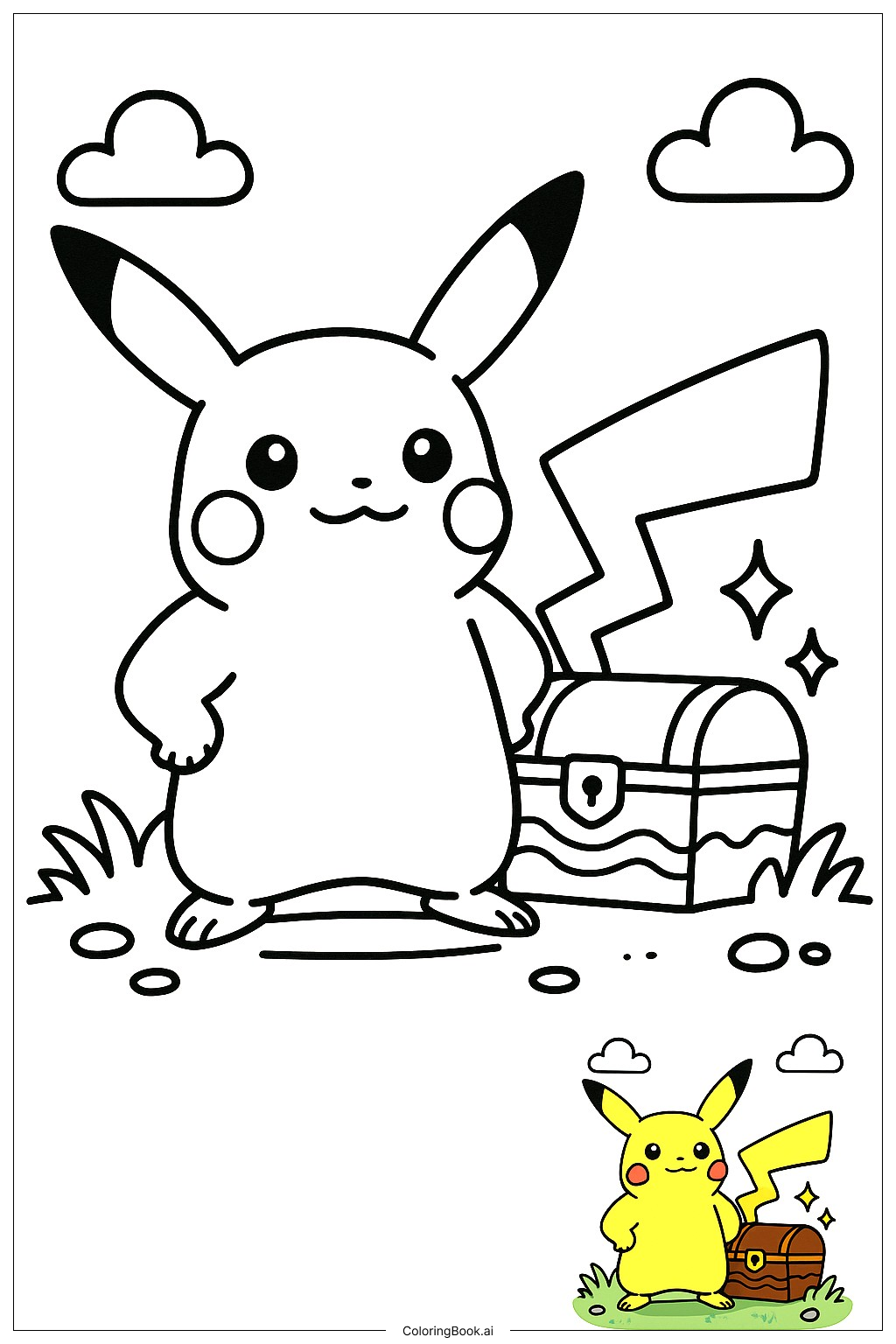  Página para colorear de Pikachu Custodiando Un Cofre del Tesoro 