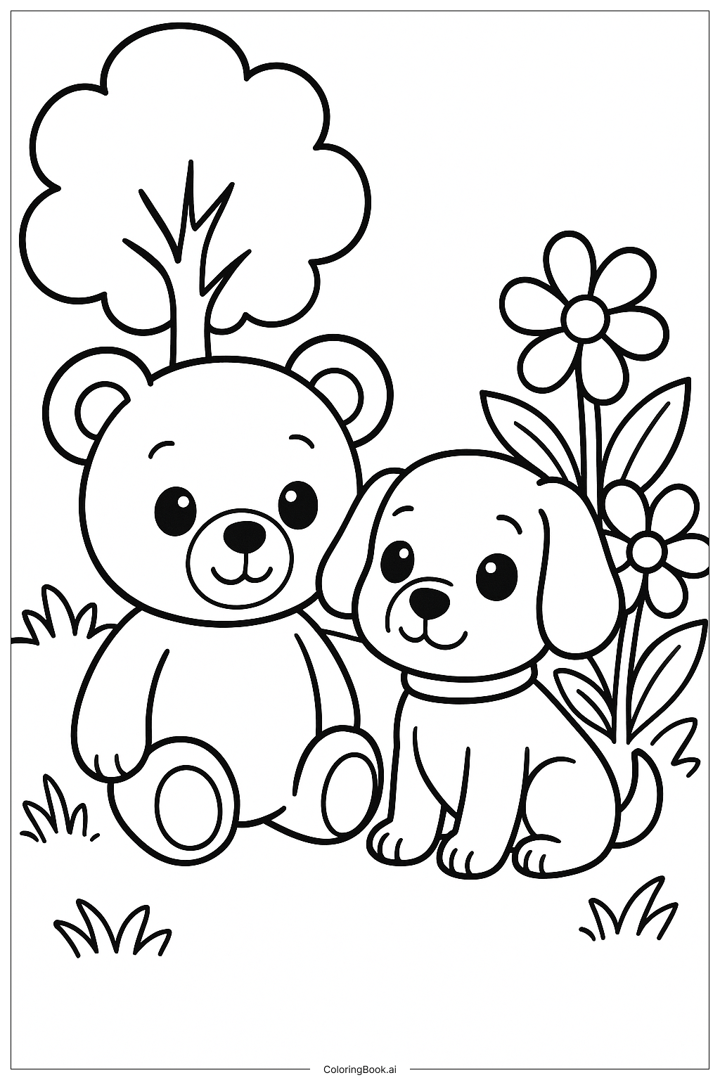  Teddy Bear And A Puppy Friend Coloring Page 