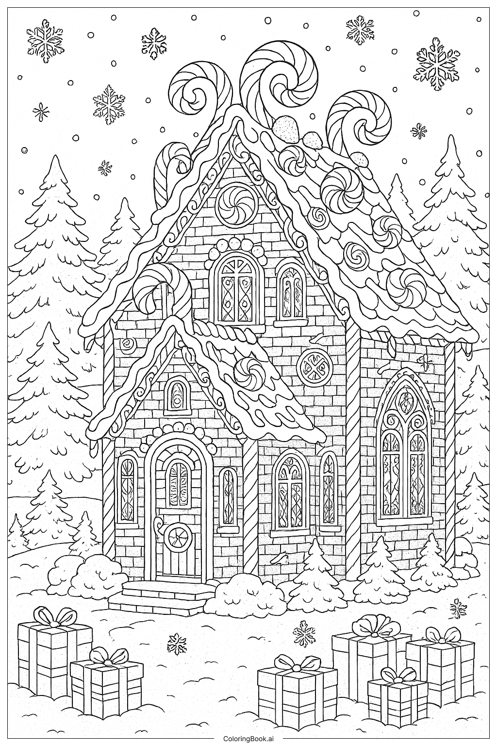  An Intricate Gingerbread House Covered In Candy Canes Coloring Page 