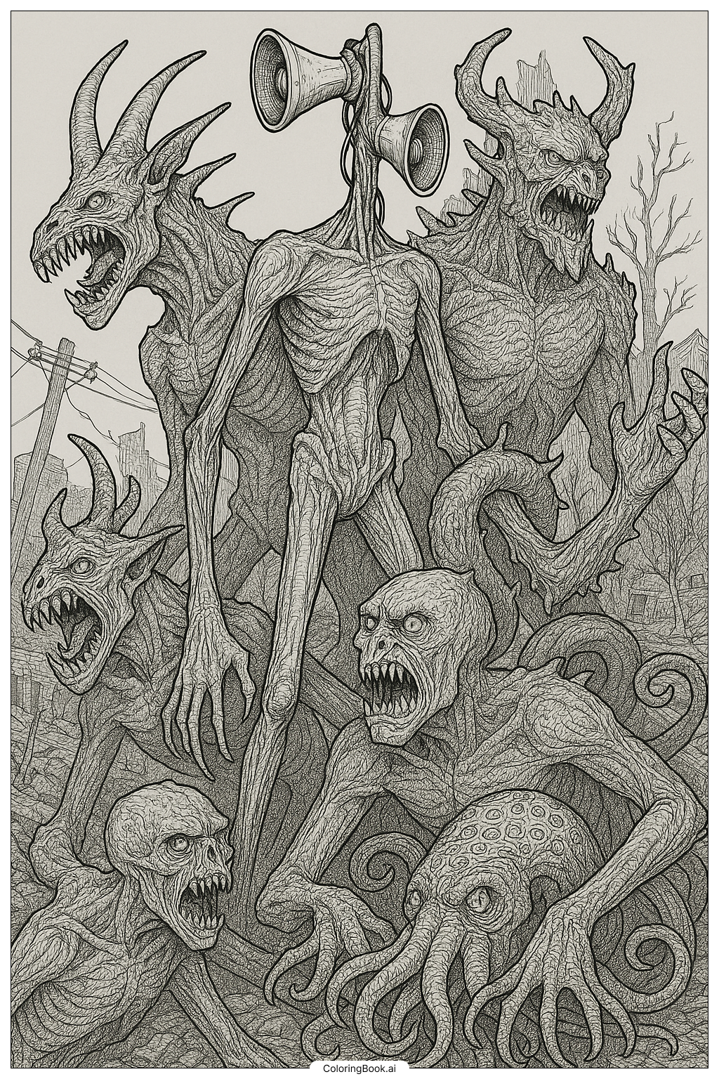  Page de coloriage Siren Head et autres monstres de Henderson 