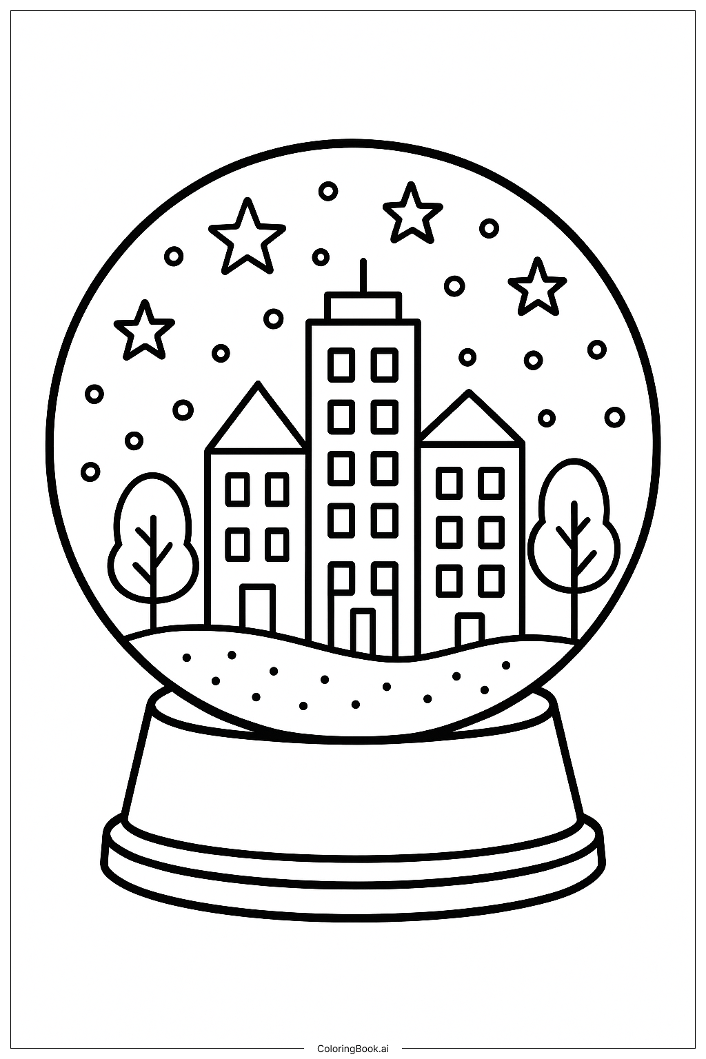 詳細な街のスノーグローブの塗り絵ページ