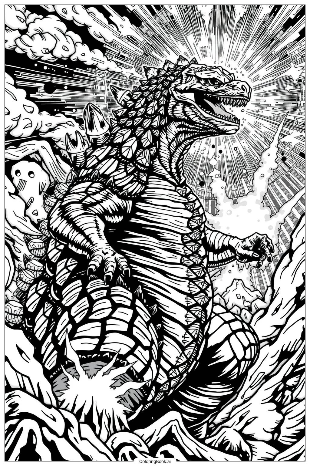  Página para colorear de ataque de aliento atómico de Godzilla 