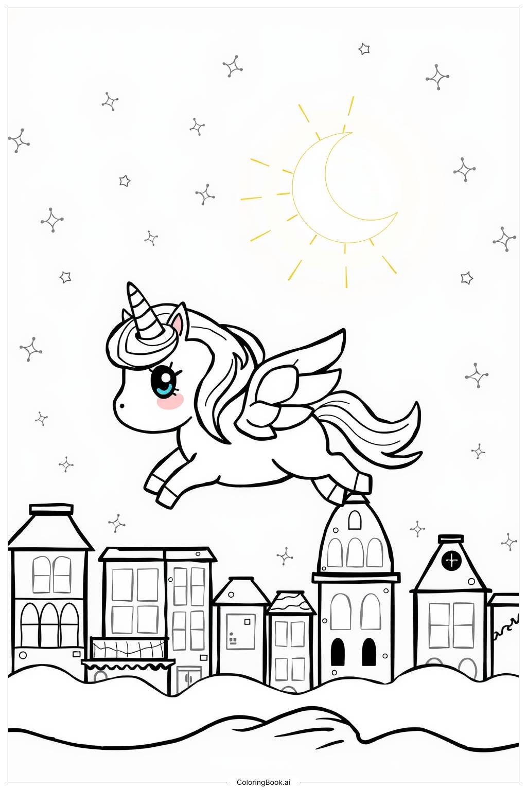  Page de coloriage licorne volant au-dessus d'une ville étincelante la nuit 