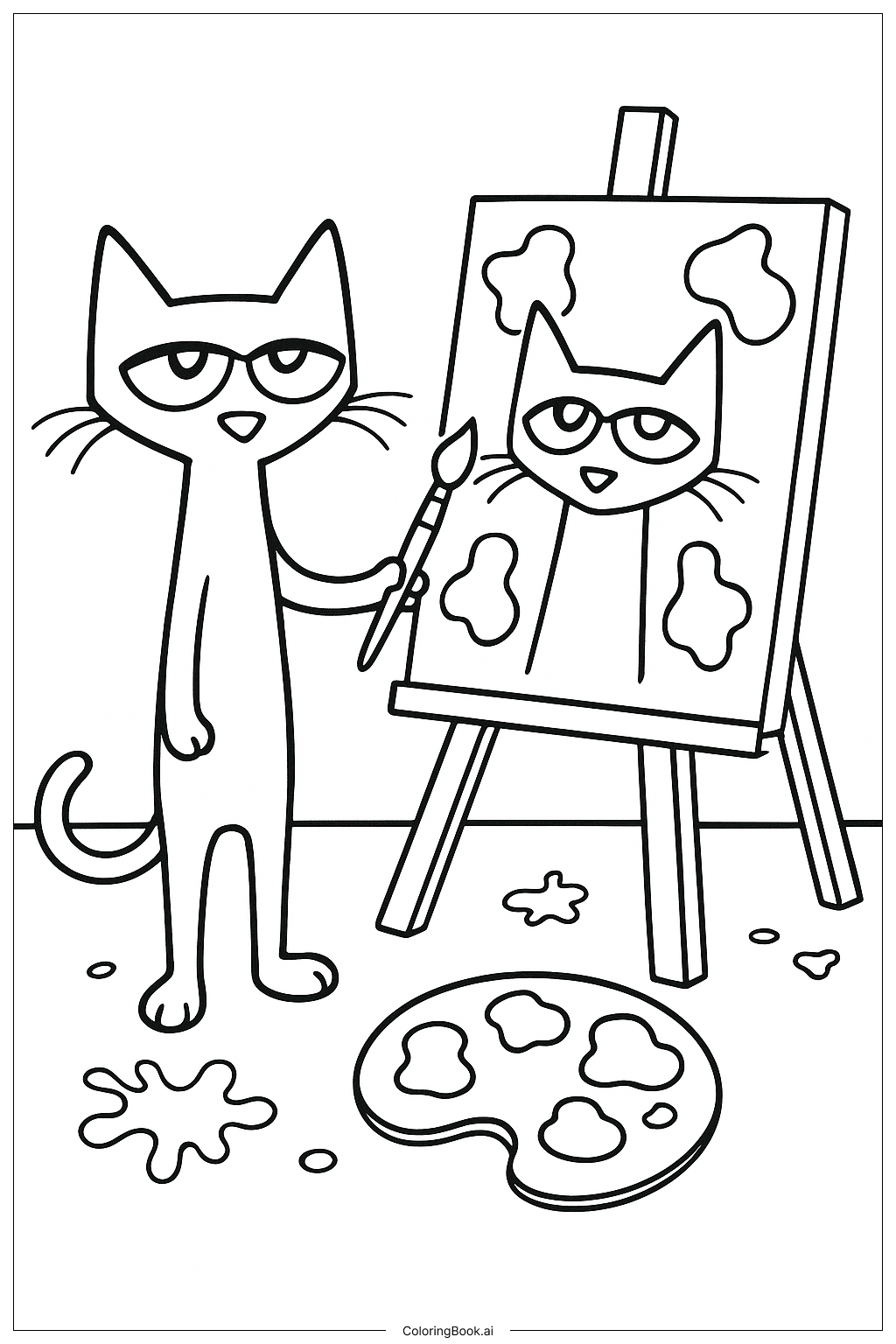 Pete The Cat 在畫架上畫畫著色頁