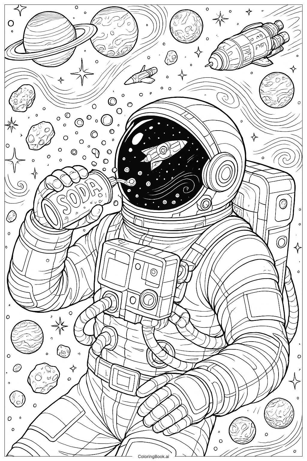  Página para colorear de Astronauta bebiendo refresco flotante en el espacio 
