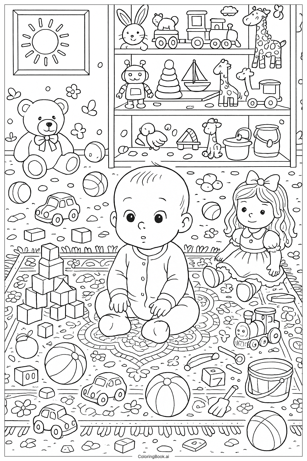  Baby In A Toy Room Full Of Toys Coloring Page 