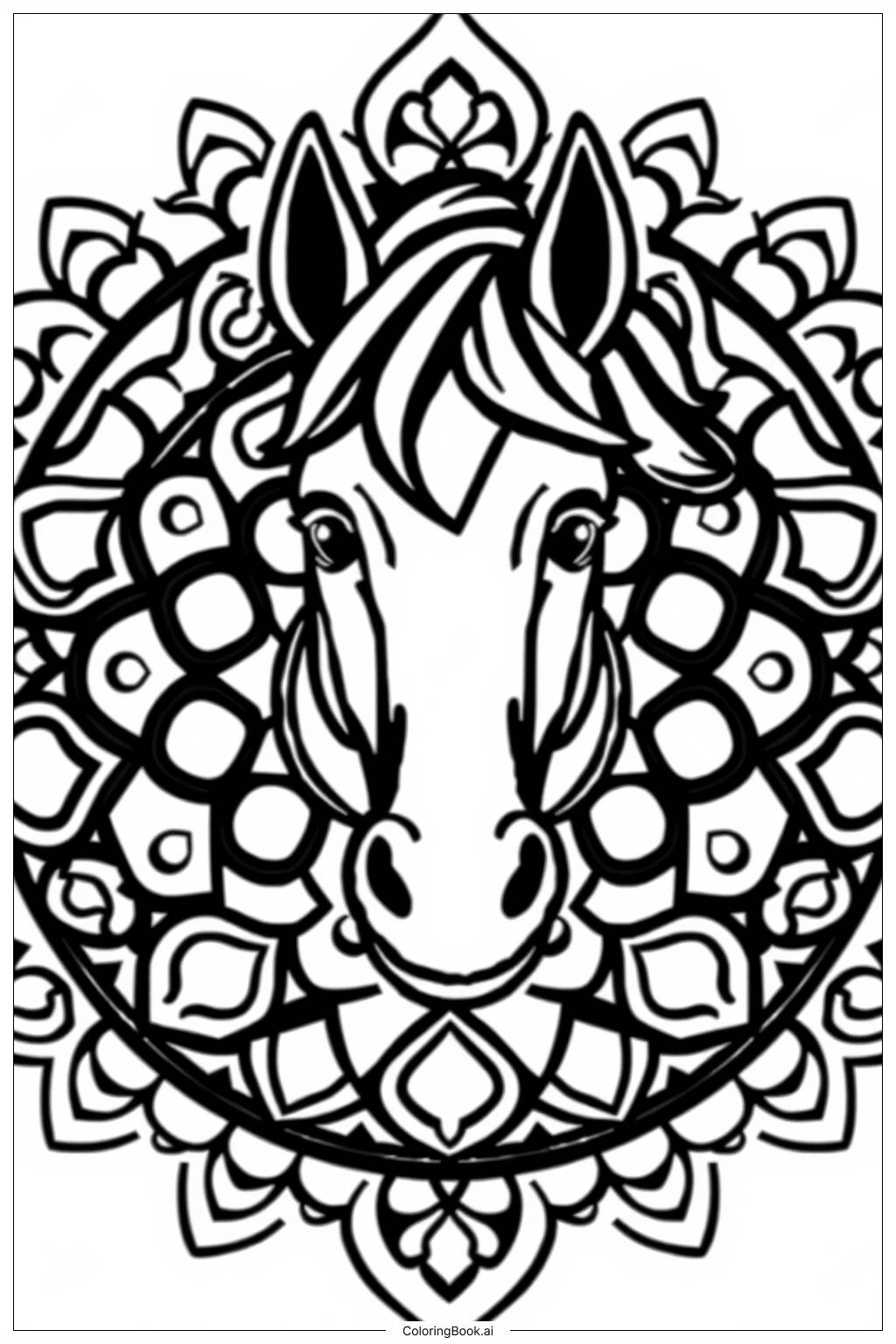  Page de coloriage Conception de Mandala de Tête de Cheval 