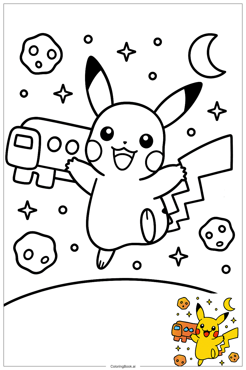  宇宙の中のピカチュウとアモングアスの船の塗り絵ページ 