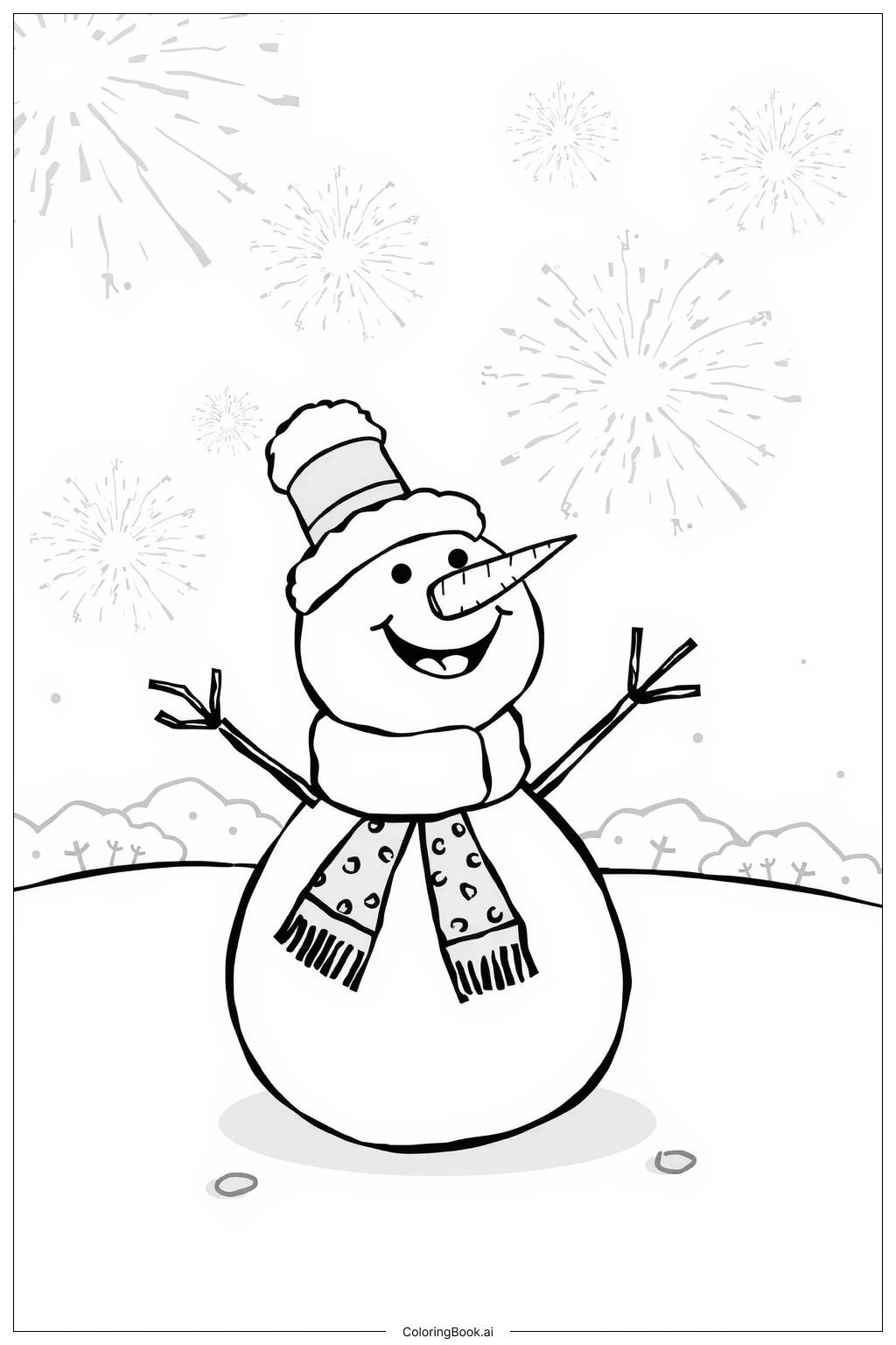  Fireworks and a Snowman in a Festive Scene Coloring Page 