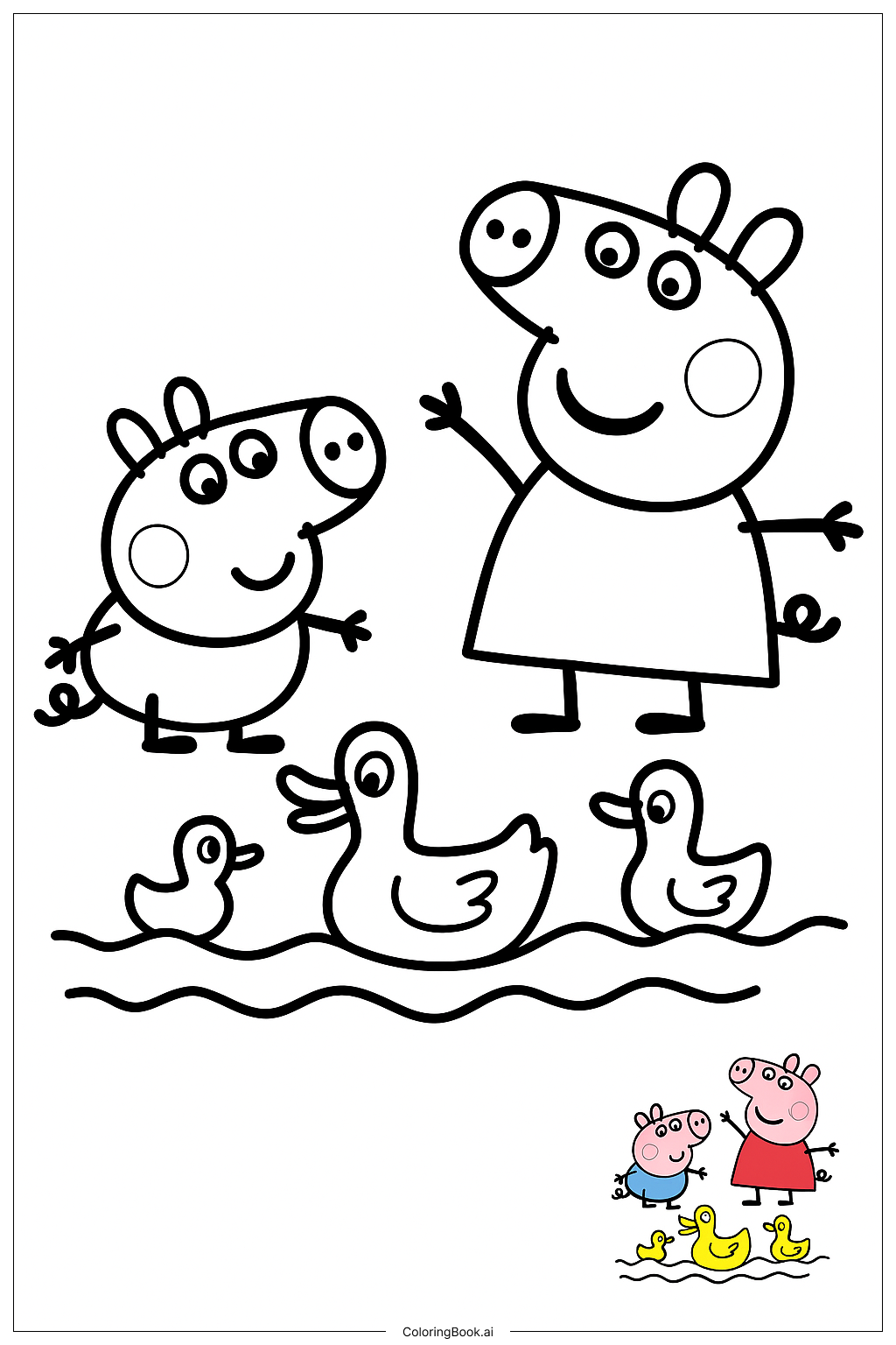  Página para colorear de Peppa Pig y George jugando con patos 