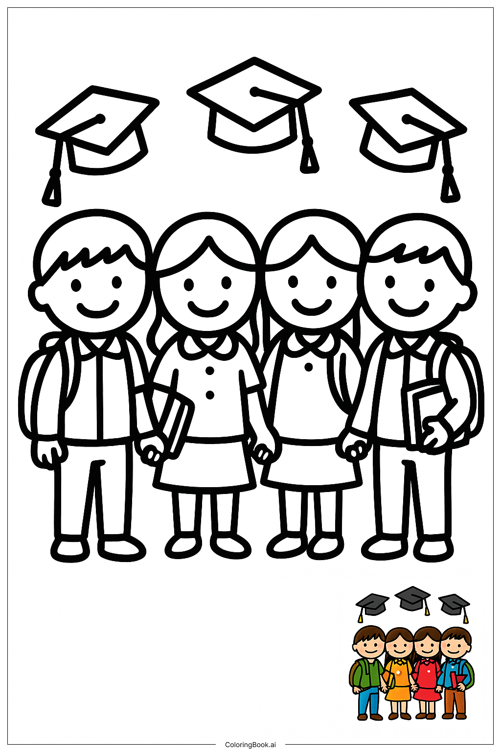  学校最後の日の友達グループ写真の塗り絵ページ 