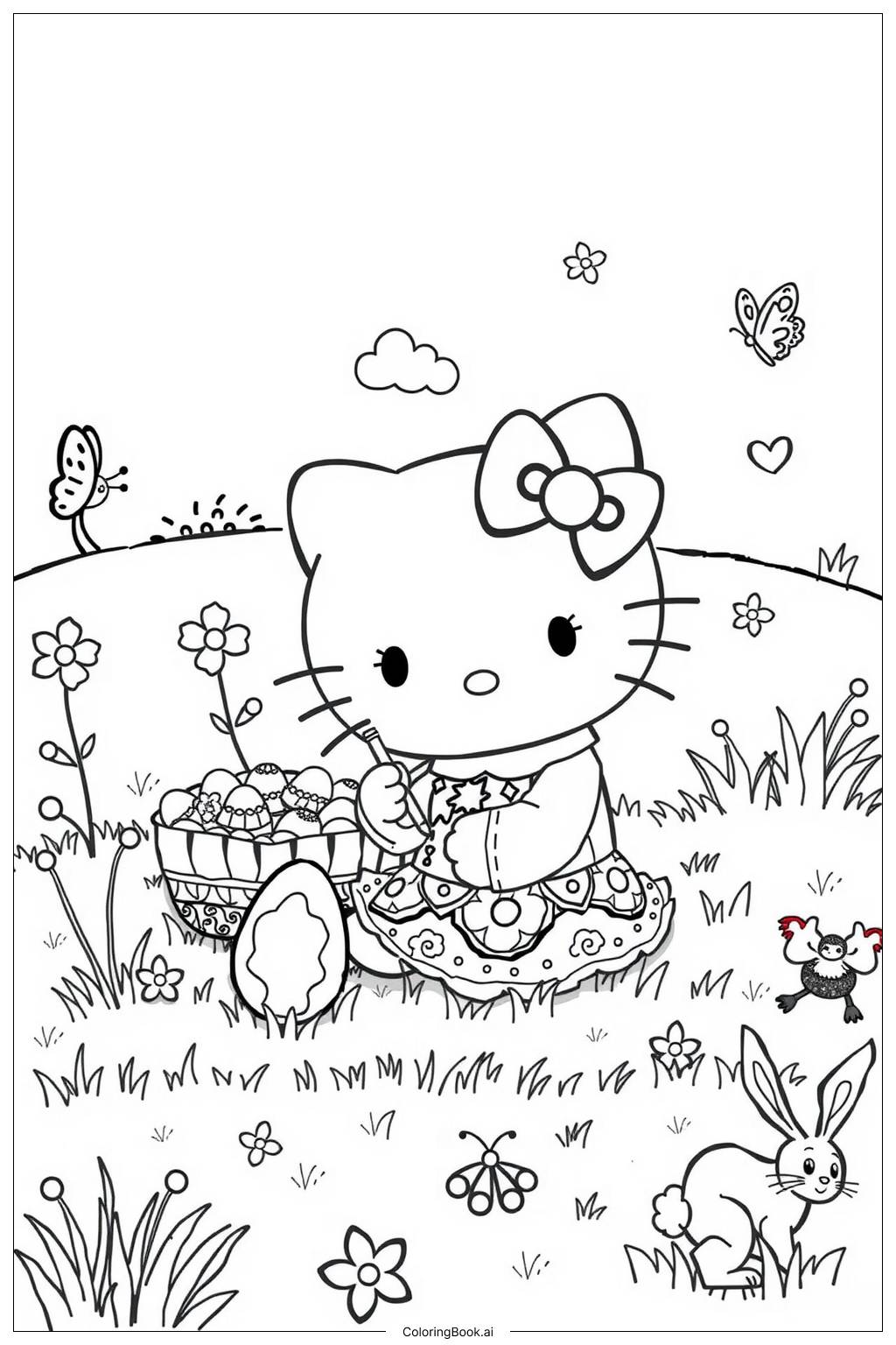  Página para colorir de hello kitty celebrando a páscoa com ovos-2 