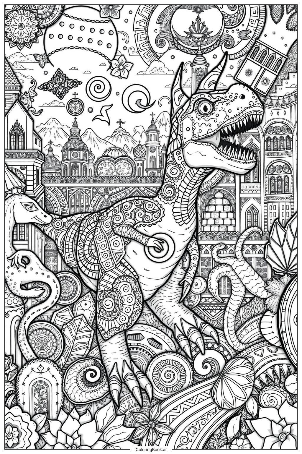  Dinosaur Kingdom Fantasy Coloring Page 