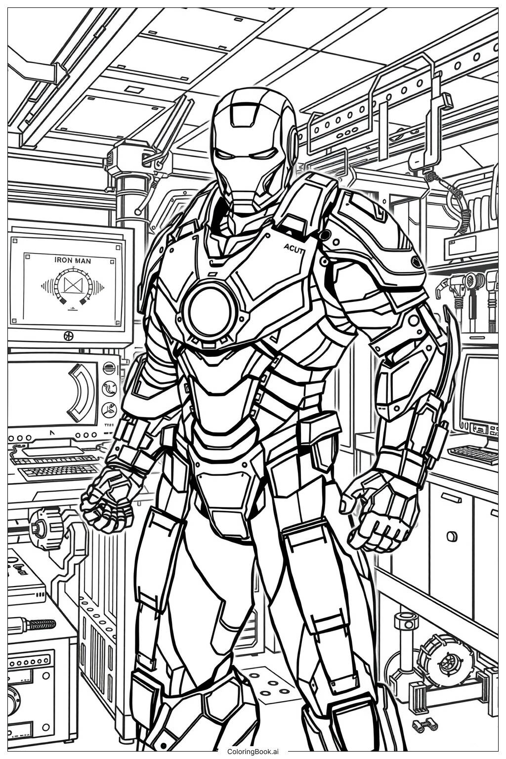  Página para colorear de Iron Man en un Taller de Alta Tecnología-2 