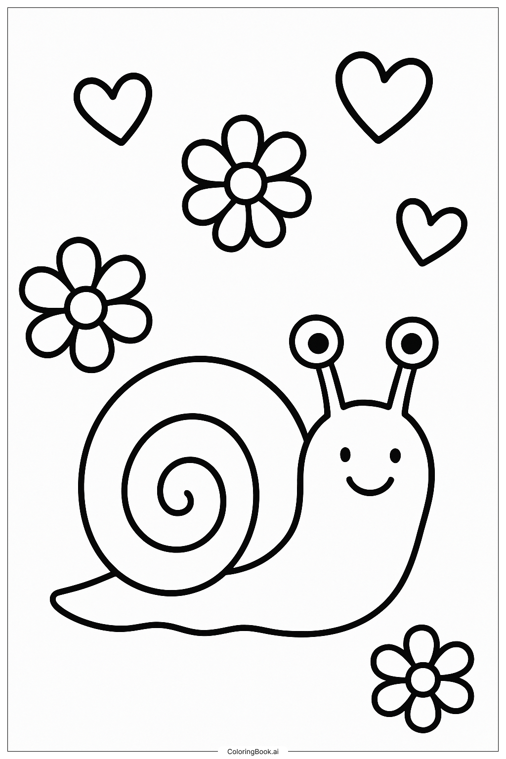  A Snail And Hearts and Flowers Coloring Page 