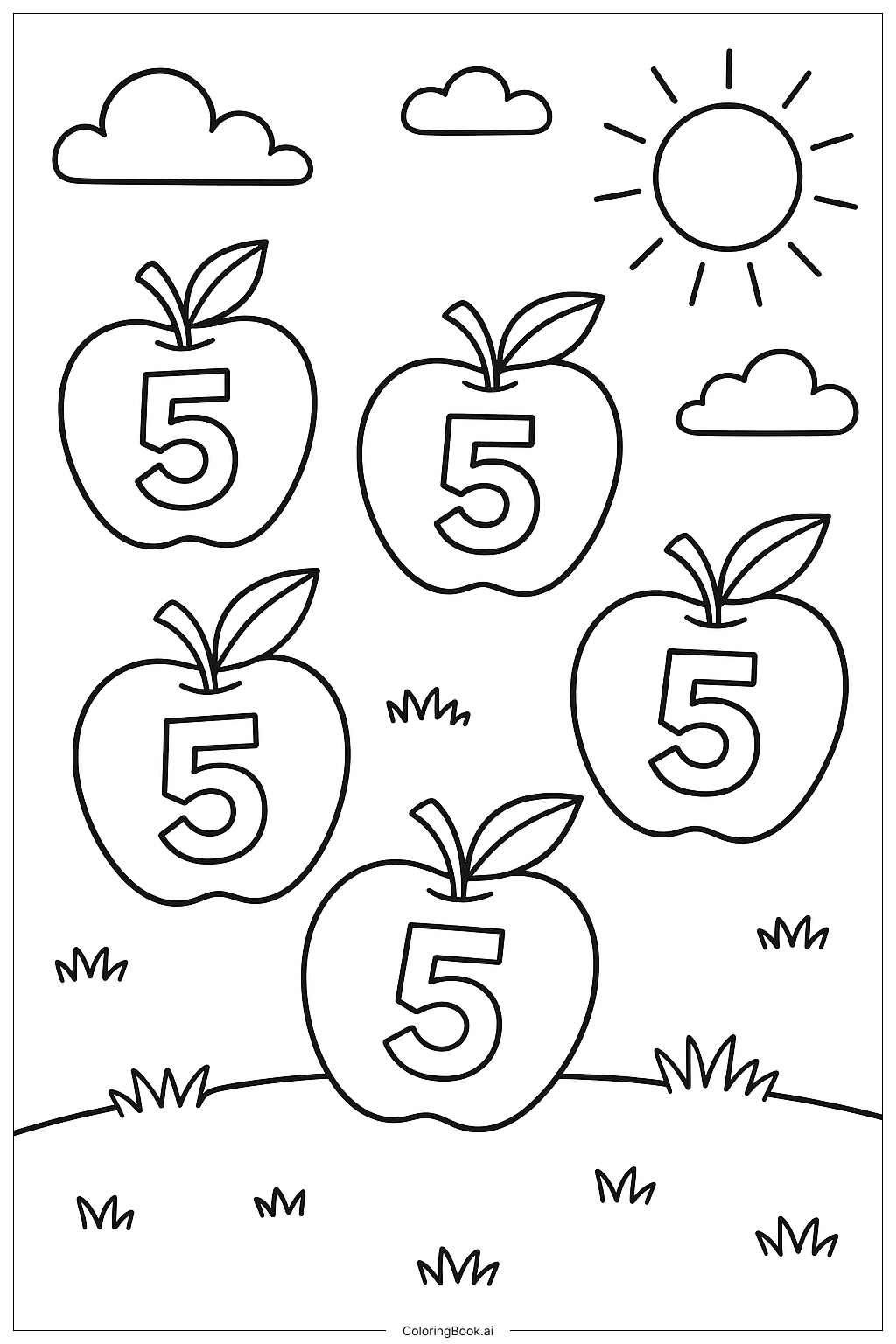  数一数带数字五的苹果填色页 