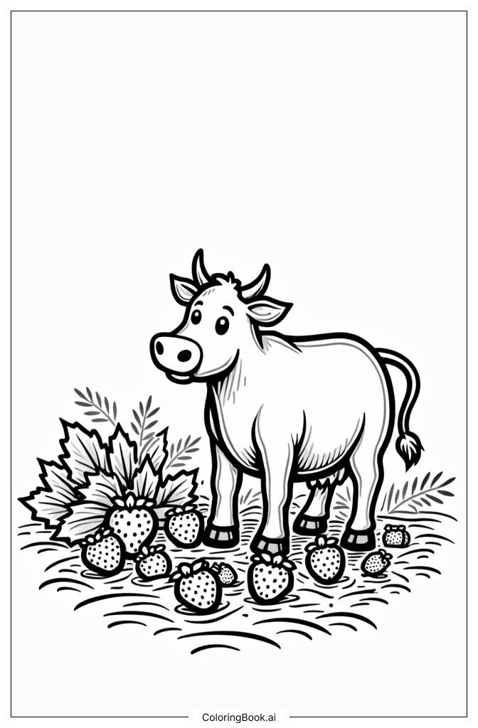  Page de coloriage Vache aidant à la récolte dans une ferme de fraises 