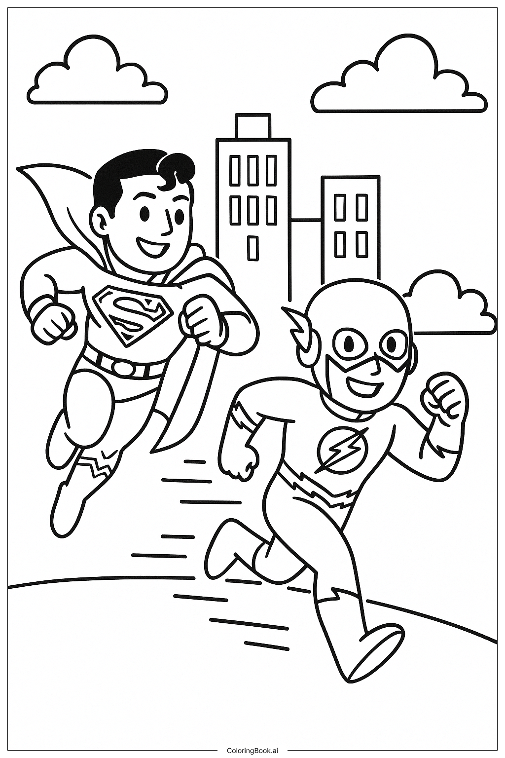  Página para colorear de Superman compitiendo con Flash 