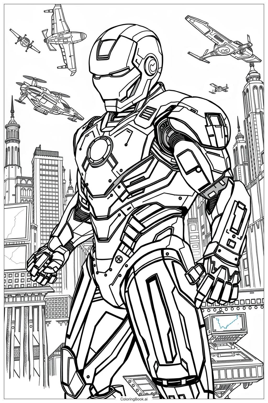  Página para colorear de Iron Man Mark 85 en una ciudad futurista 