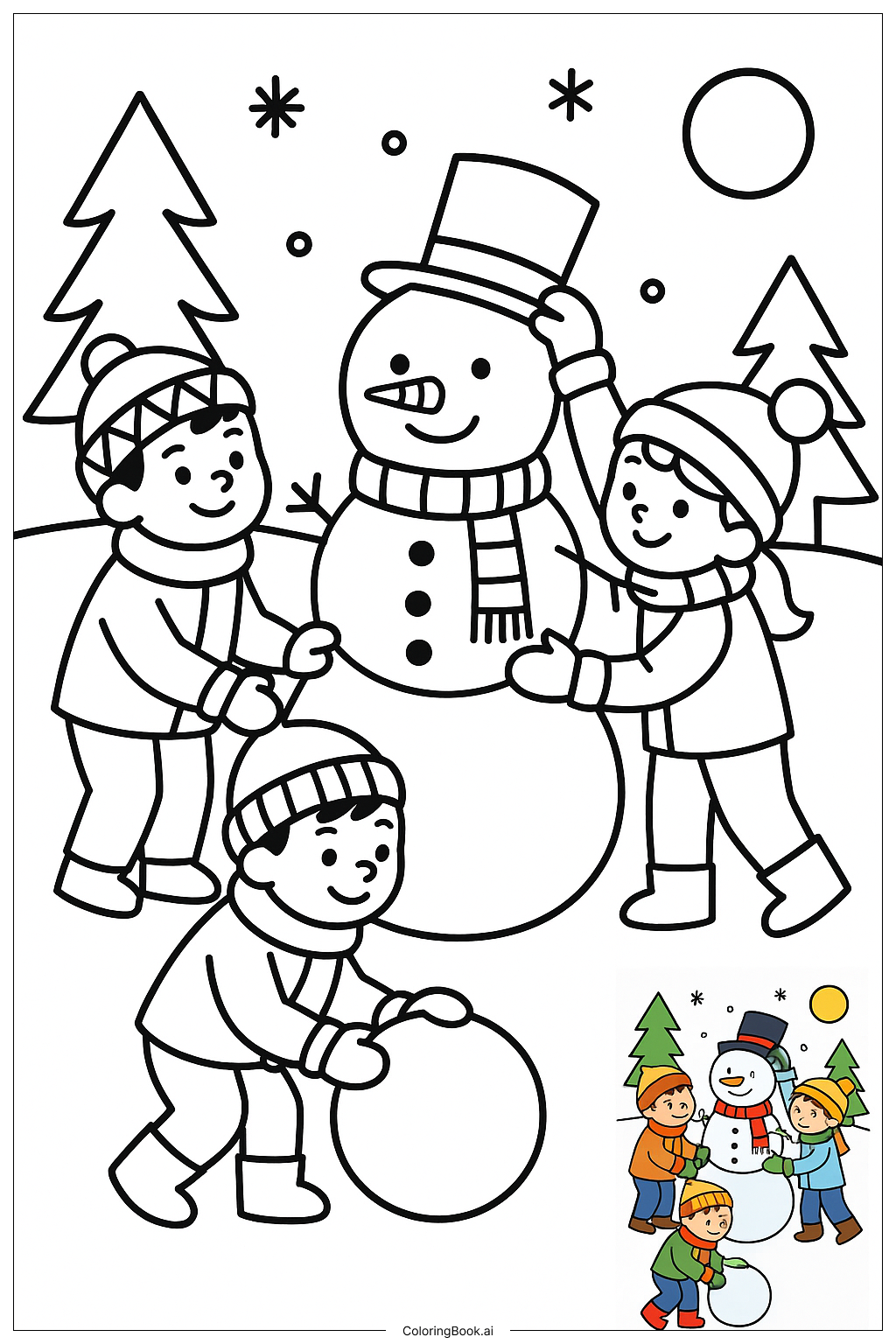  Friends Building Snowman In Winter 색칠공부 페이지 
