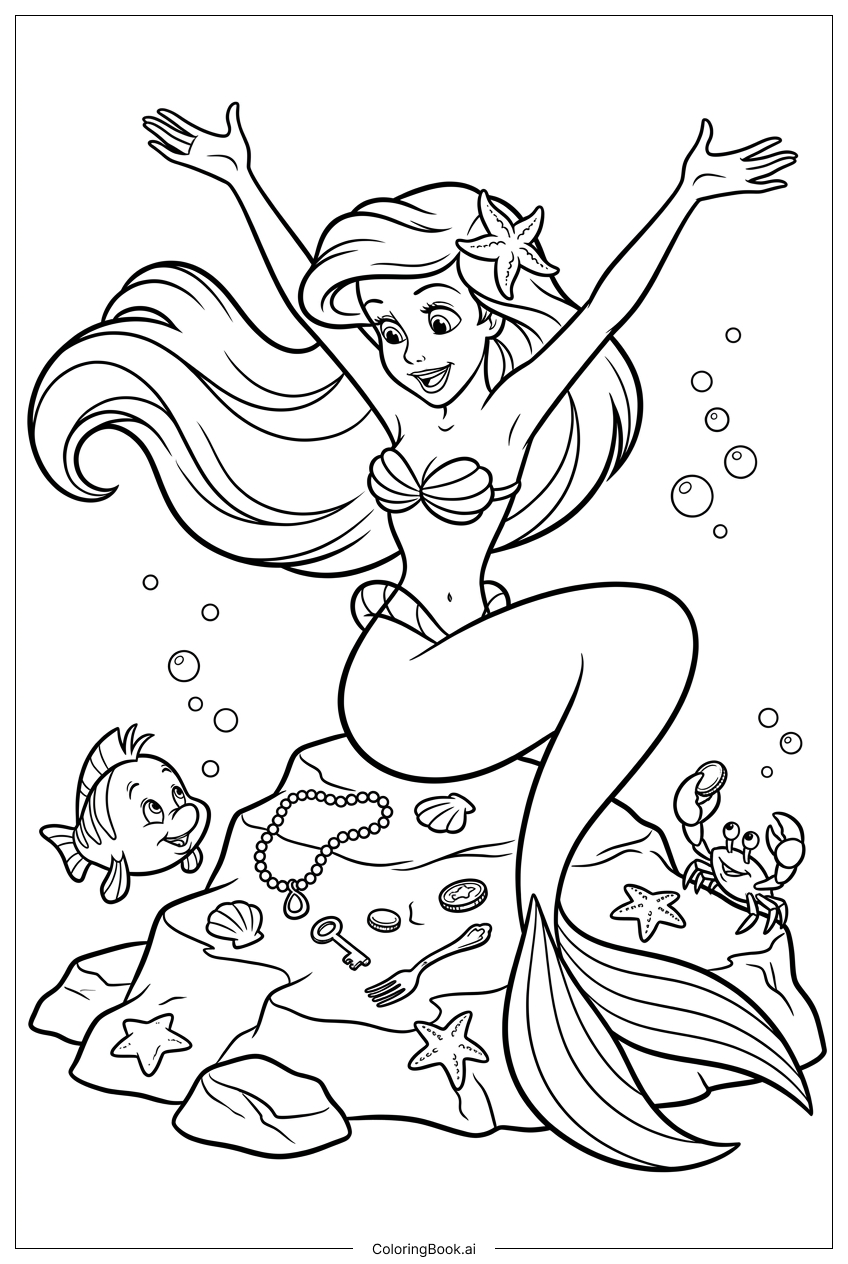  ディズニープリンセスと海の宝物の塗り絵ページ 