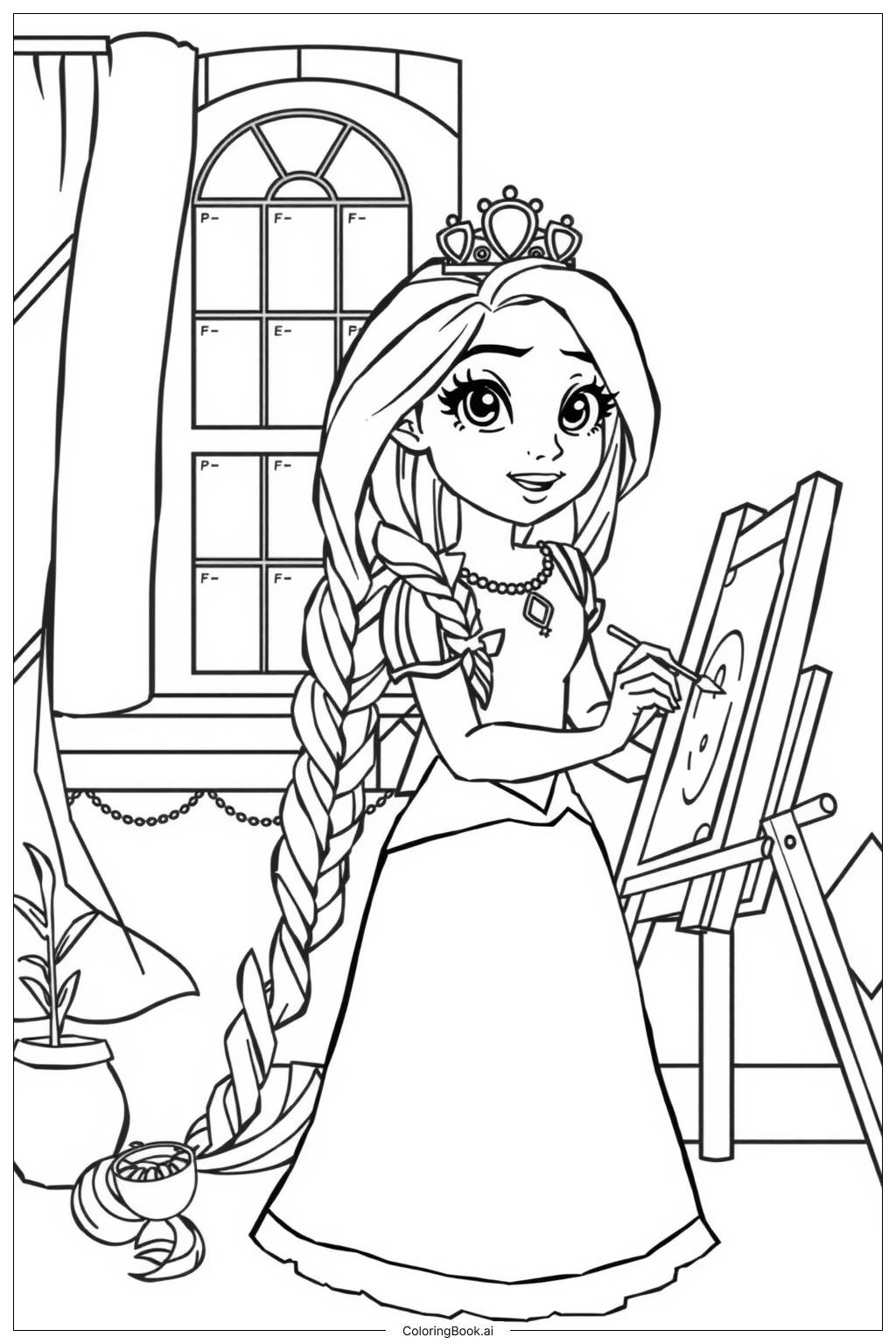  Página para colorir de Rapunzel Pintando na Torre 