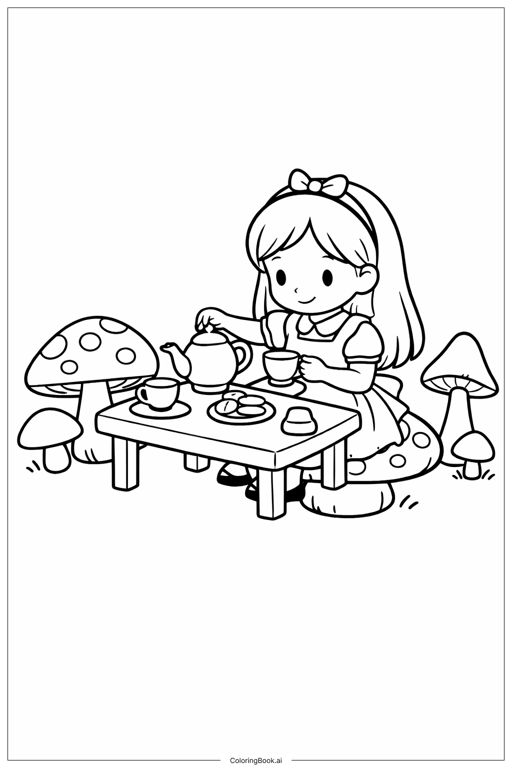  キノコのお茶会のアリスの塗り絵ページ 