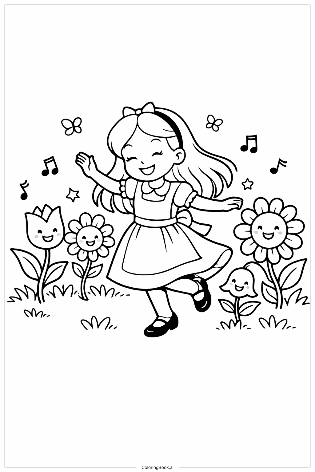  愛麗絲夢遊仙境與花朵共舞著色頁 