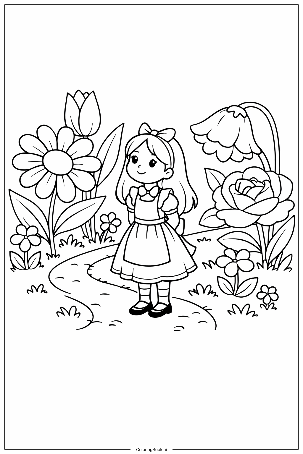  Página para colorir de Alice no País das Maravilhas no Jardim de Flores 