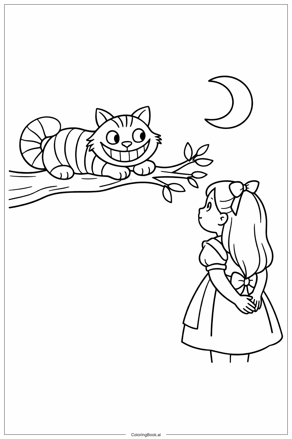  Página para colorir de Alice no País das Maravilhas Encontro com o Gato Cheshire 